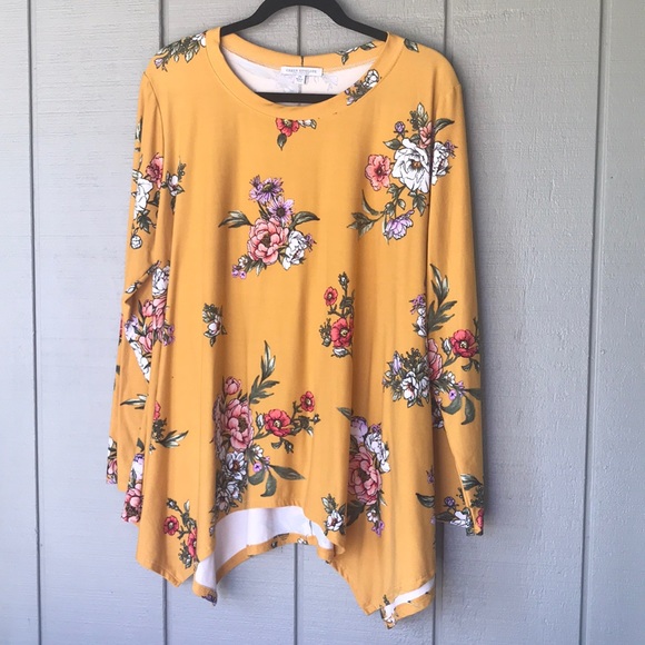 Green Envelope Tops - Green Envelope 2X yellow floral long sleeve tunic